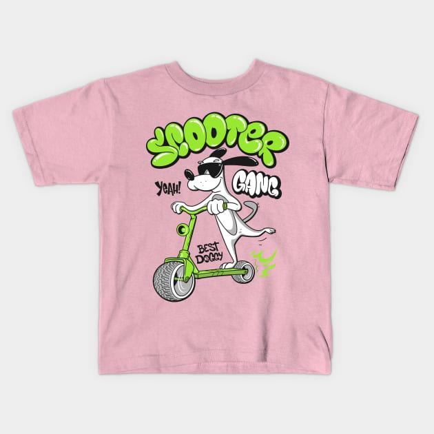 dog riding scooter Kids T-Shirt by Mako Design 